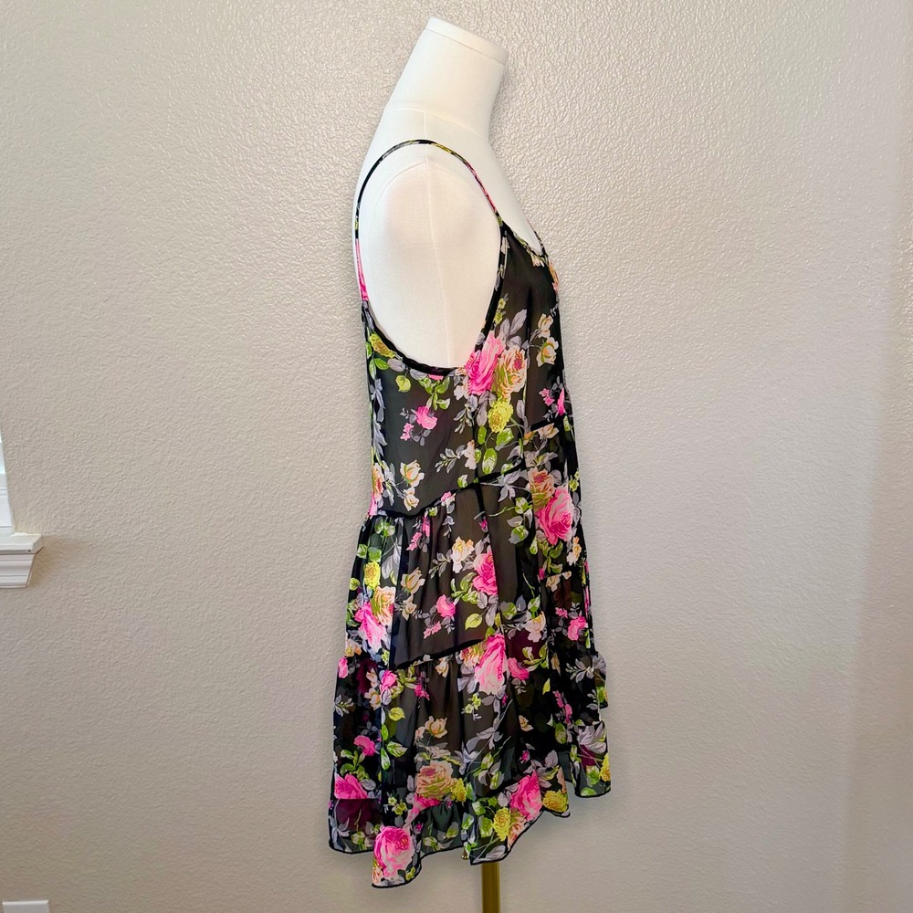 Poetry Black Pink Floral Chiffon Tiered Mini Dress Y2K Whimsigoth Fairy Grunge S - Picture 4 of 14